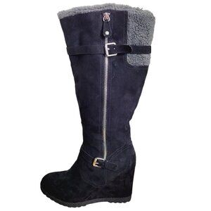UNISA HUXLEY Sz 9 1/2 Microfleece Tall Boots Wedge Heel Black Faux Shearling